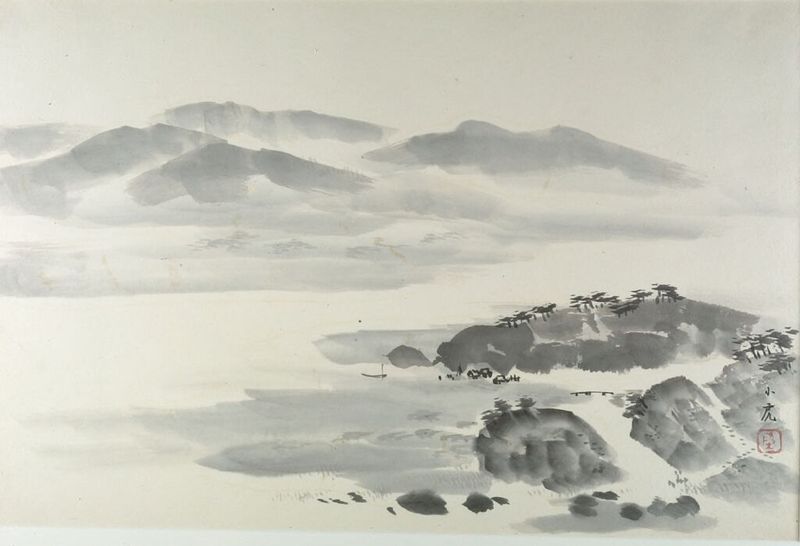 Quiet Seaside by Kawasaki Shōko, ink on paper depicting gentle waves and a tranquil horizon.