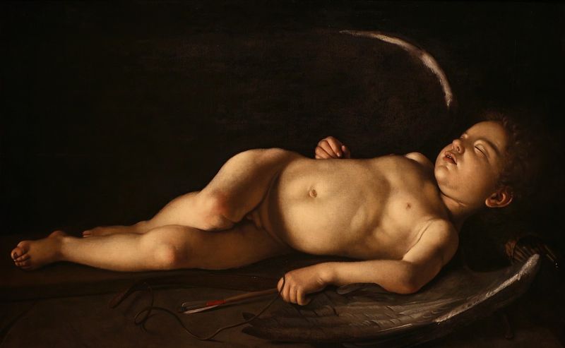 Sleeping Cupid by Caravaggio, oil on canvas, cherubic figure draped in delicate fabric