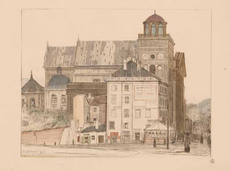 Bernardine church and tower in Warsaw, oil painting by Feliks Jabłczyński