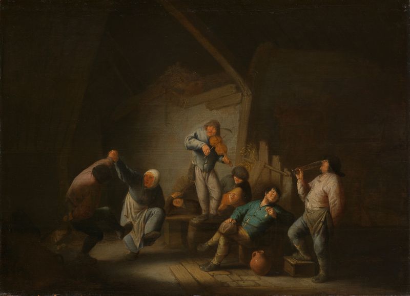 Dancing Couple, óleo sobre painel de Adriaen van Ostade, retratando um casal dançando em um interior.