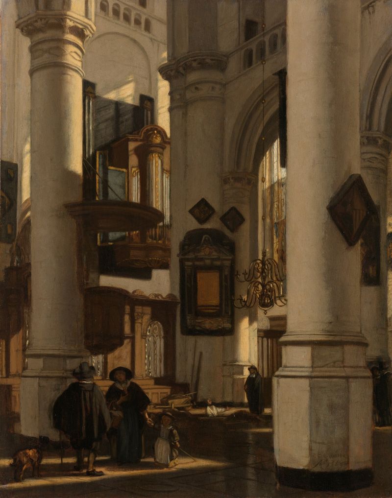 Interior of a Gothic church with a gravedigger, oil on panel by Emanuel de Witte