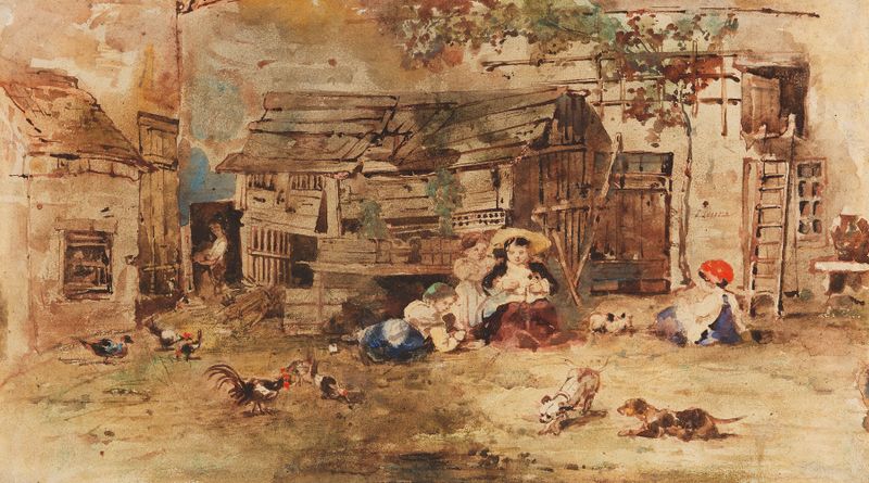 Peasant Children in Barbizon, óleo sobre tela de Émile Aubert Lessore, apresentando duas crianças na luz suave.