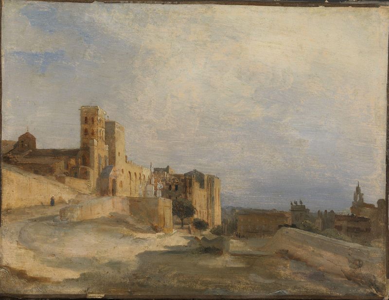 El Castillo Papal en Aviñón de Jean-Baptiste-Camille Corot, óleo de un castillo bajo un cielo dramático.