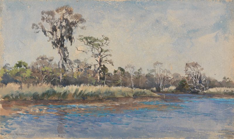 A creek scene with grasses and reflections, oil on canvas by Alfred Parsons