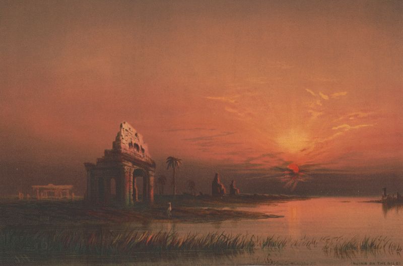 Ruins on the Nile, óleo sobre tela de James Fuller Queen que retrata ruínas antigas ao longo do rio Nilo.