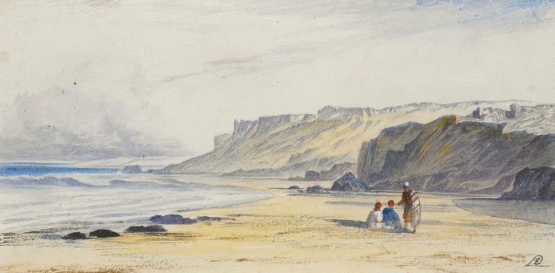 Falésias íngremes e mar tumultuado de Edward Lear, pintura a óleo