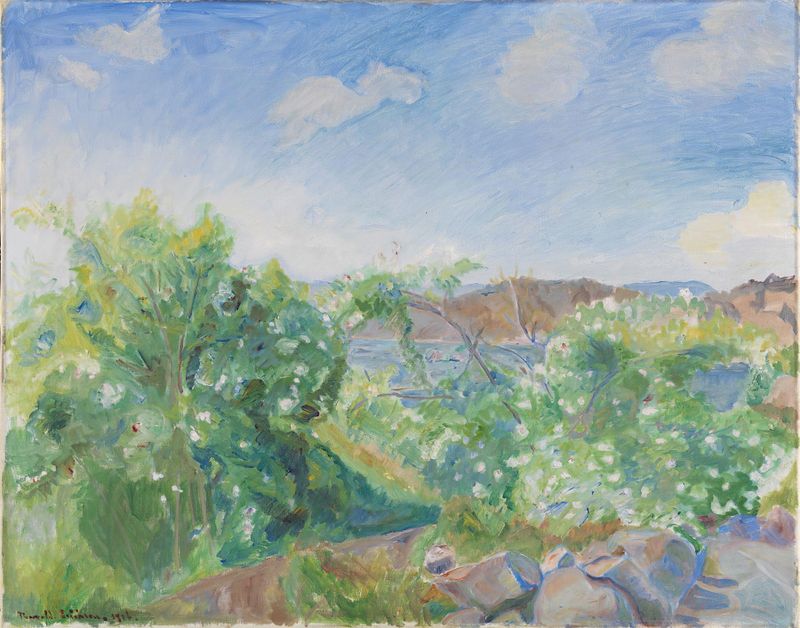 Flowering Dog Roses by Thorvald Erichsen, oil on canvas, featuring delicate pink blooms