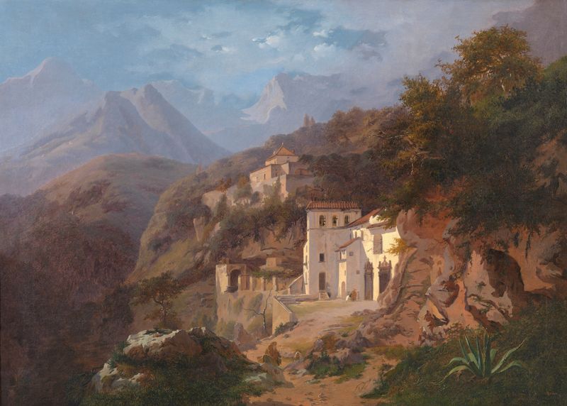 The Capuchin Monastery at La Cava, oil on canvas by Edouard De Vigne, depicting a serene landscape.