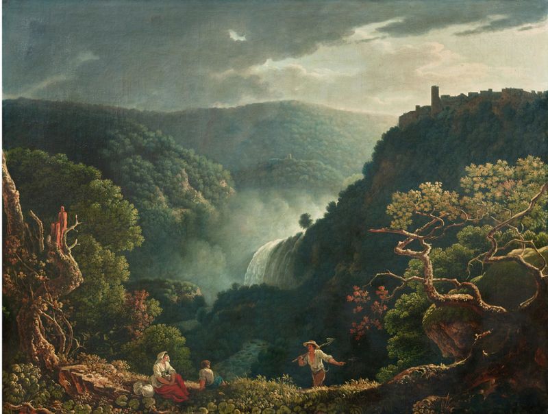 The Waterfalls of Tivoli, oil painting by Carlo Labruzzi, featuring figures and a waterfall.