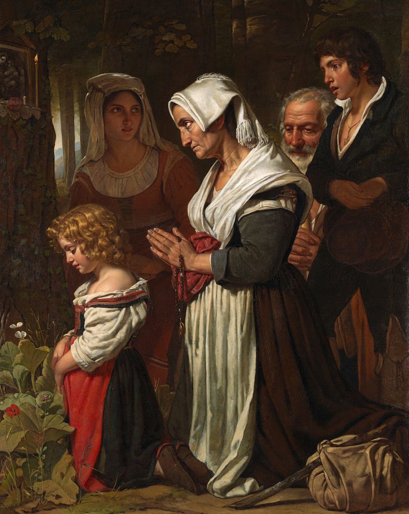 Oil painting by Cornelis Kruseman depicting figures around a Marian altar
