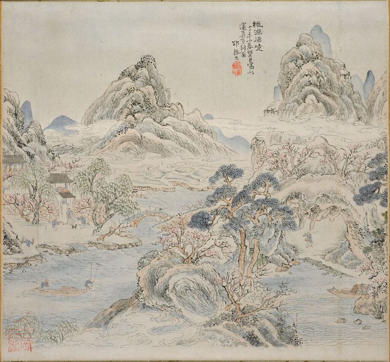 Peach Blossom Spring de Ikeno Taiga, obra em papel mostrando flores de pêssego e ramos contra um céu azul