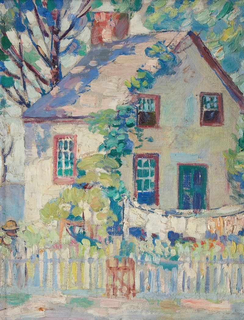 Paisaje de una casa rodeada de árboles, pintura al óleo de Susette Inloes Schultz Keast