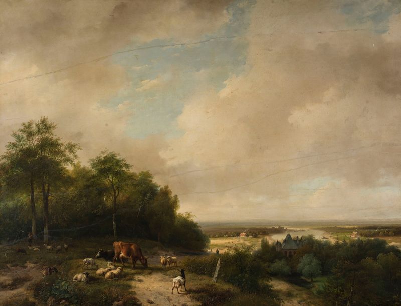 Paisagem com um rebanho na borda da floresta, pintura a óleo de Andreas Schelfhout