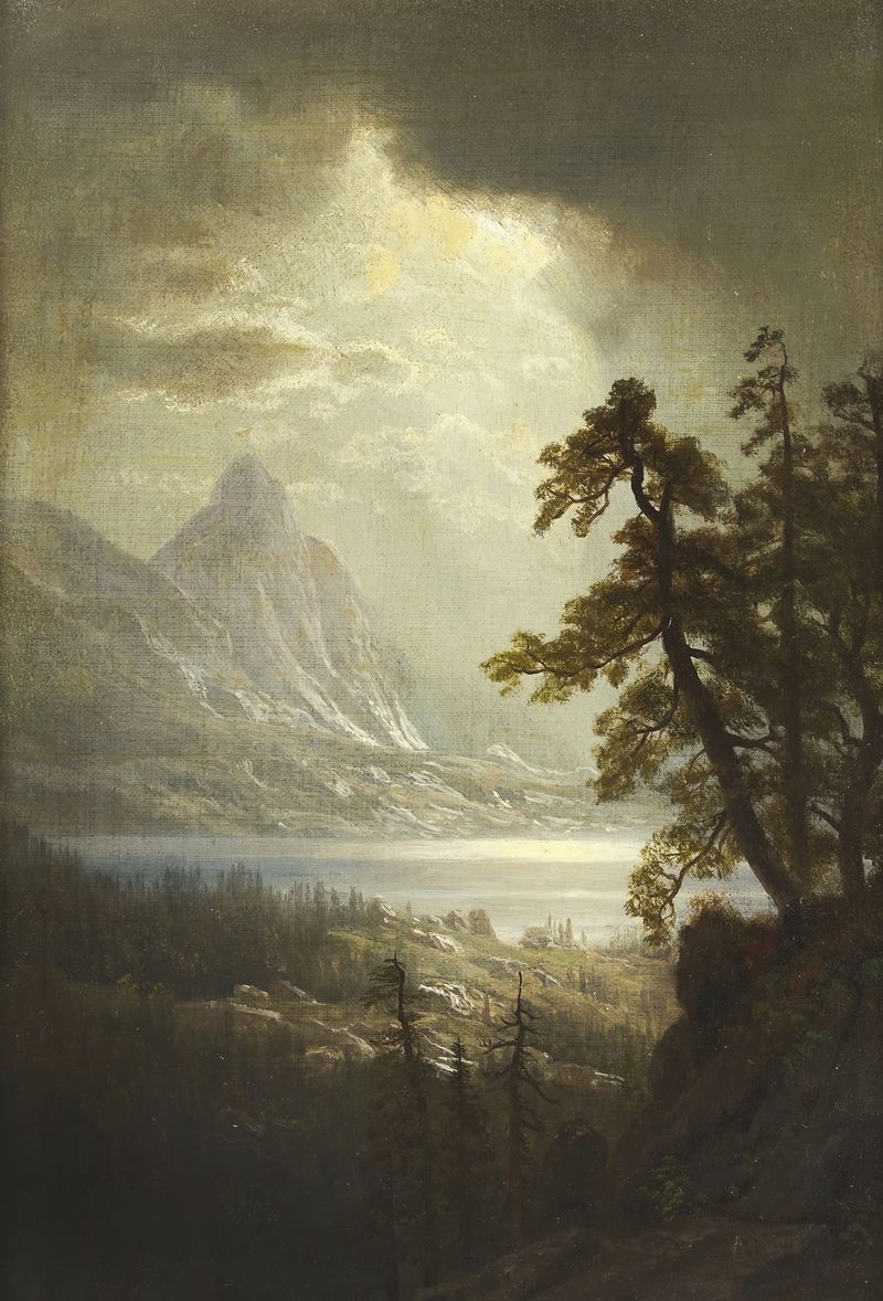 Estes Park Morning de Albert Bierstadt, óleo sobre lienzo que representa un paisaje montañoso con flores silvestres.
