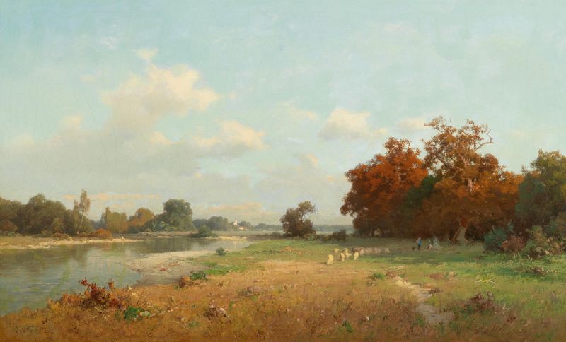 Landschaft mit Schafen by Josef Willroider, oil on canvas depicting sheep in a lush landscape