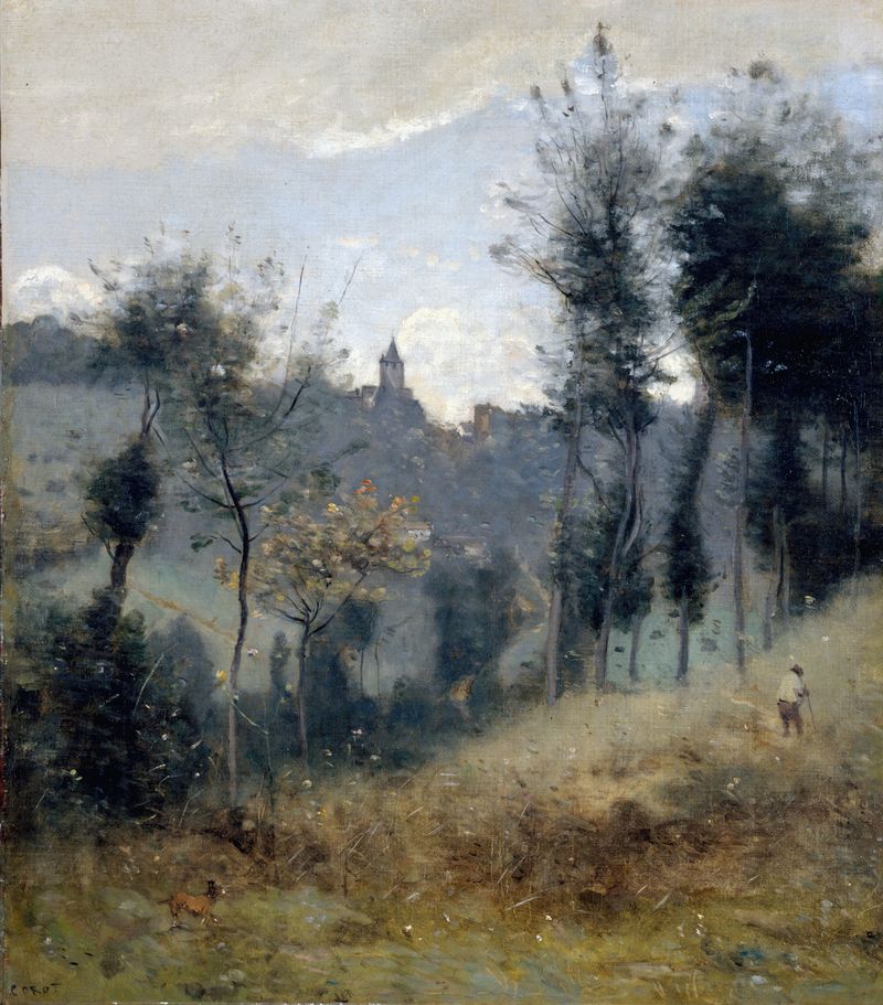 Canteleu, óleo sobre tela de Jean-Baptiste-Camille Corot, retratando uma paisagem de rio serena.