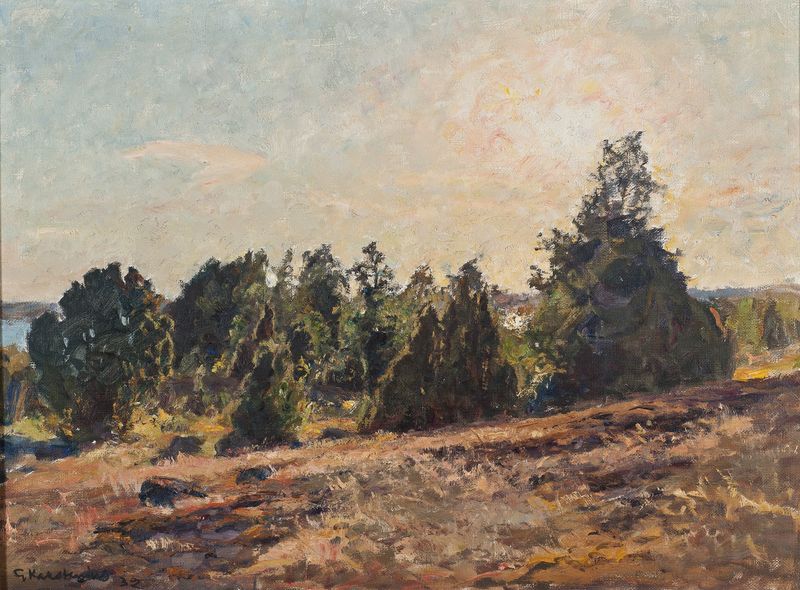 Landscape at evening over water, oil painting by Gottfrid Kallstenius