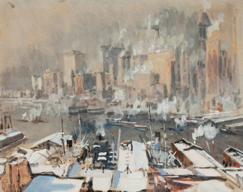 Cena marinha de New York Harbor por Joseph Pennell, meio desconhecido