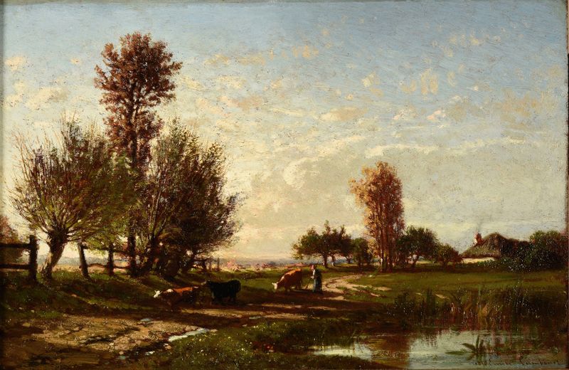 Landscape with a river and forest, oil painting by Émile Lambinet