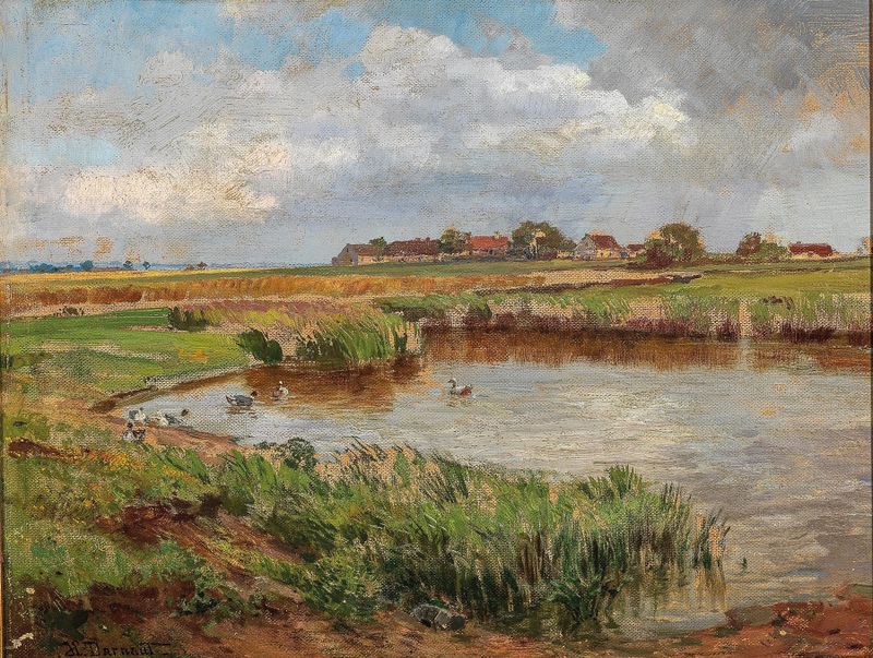 Pintura a óleo de Hugo Darnaut mostrando patos perto de um lago de vila cercado por árvores.