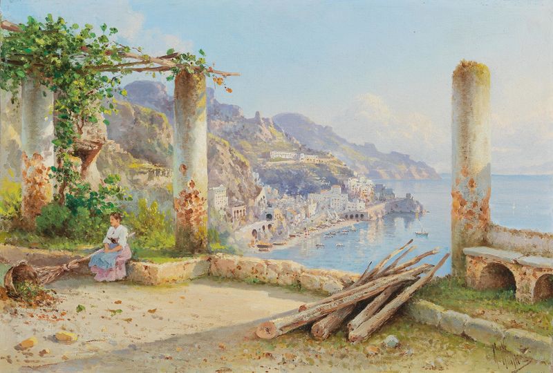 Paisaje costero con azules radiantes y pasteles suaves de Guglielmo Giusti, óleo sobre lienzo