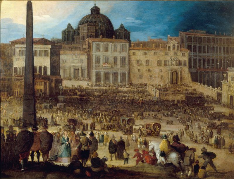 Escena histórica de la Piazza San Pietro durante la elección papal, óleo de Louis de Caulery