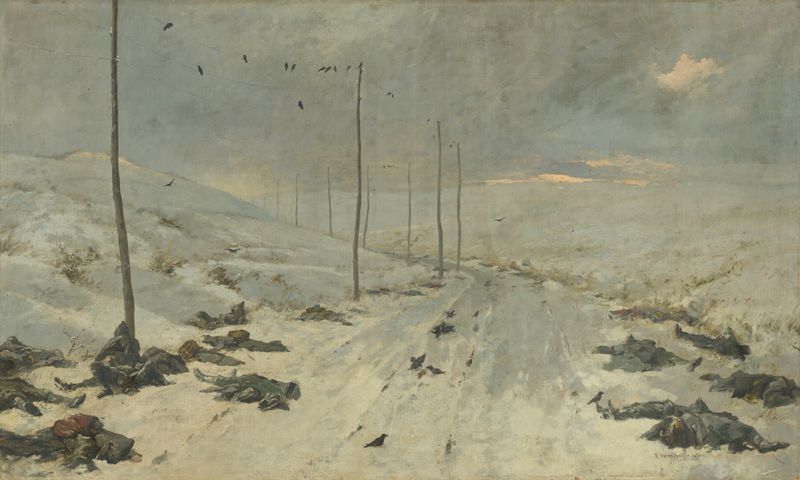 After the Fight de Vasily Vereshchagin, retratando soldados cansados em uma cena de batalha, pintura a óleo.
