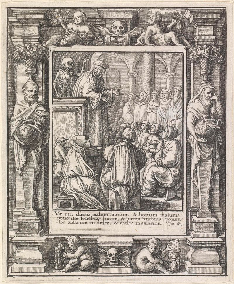 Grabado de Wenceslaus Hollar que representa a un predicador con temas de mortalidad.