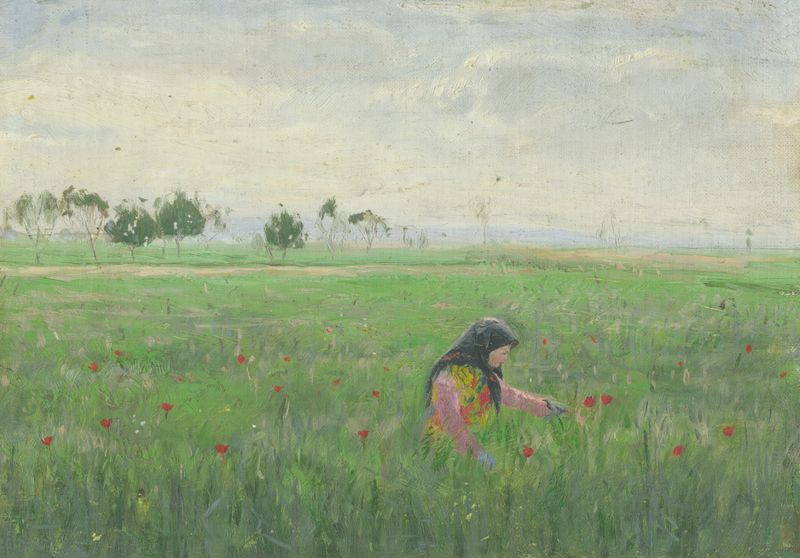 Woman in a meadow, oil on canvas by Karol Miloslav Lehotský