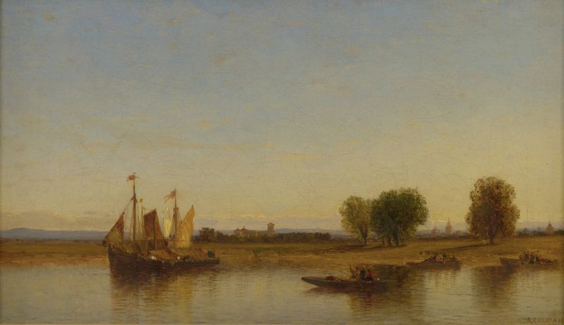 A River in Italy by Samuel Colman, oil painting depicting a tranquil river landscape.