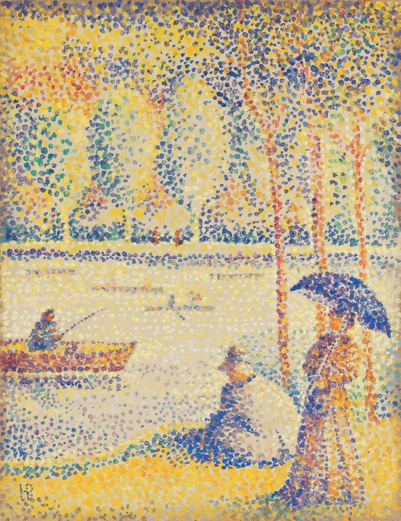 Oil on canvas by Hippolyte Petitjean depicting boats on a canal with pastel reflections