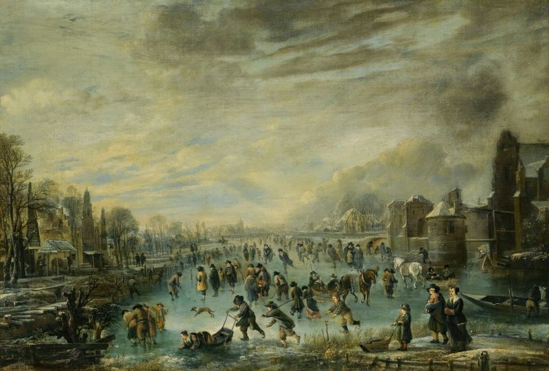 Paisaje invernal con patinadores en un estanque helado, pintura al óleo de Aert van der Neer