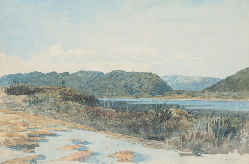 Lagoon at Greymouth by James Crowe Richmond, oil on canvas depicting a tranquil lagoon at dawn.