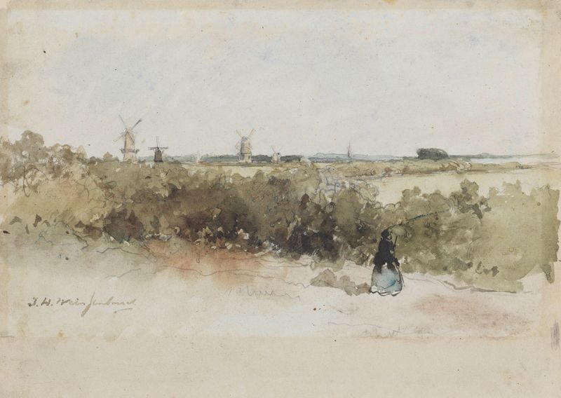 Landschap met windmolens, oil on canvas by Johan Hendrik Weissenbruch