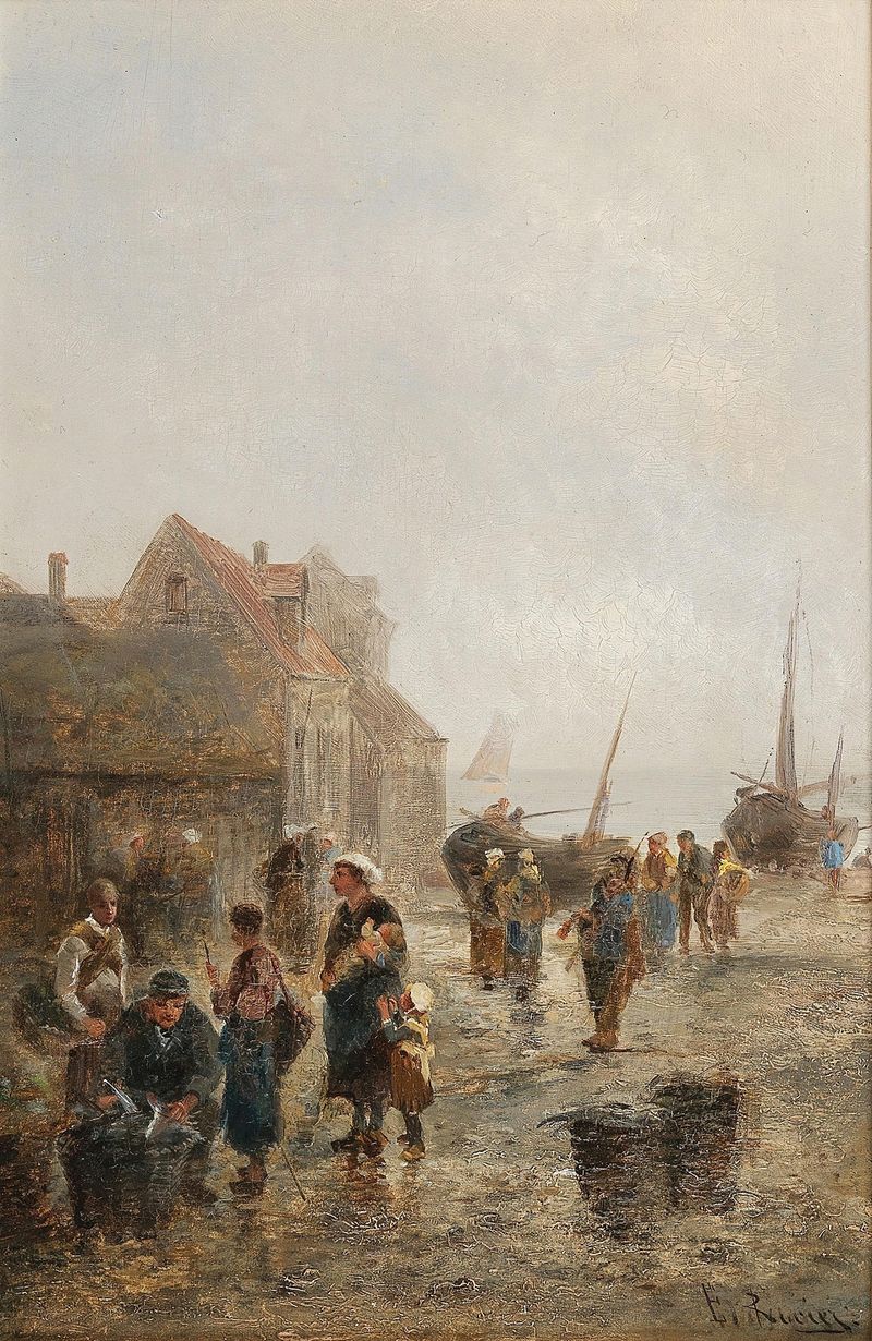 Busy Activity in a Fishing Village by Emil Barbarini, oil on canvas depicting a lively fishing scene