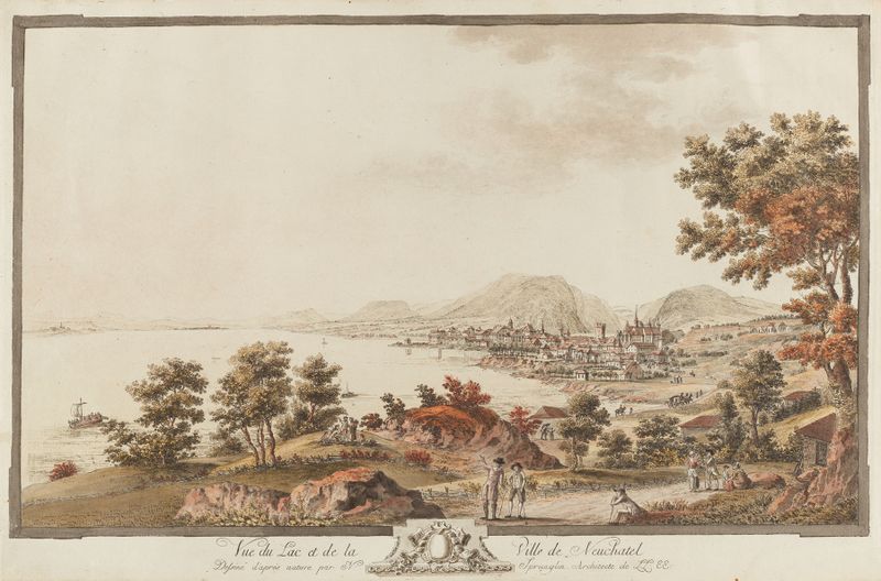 Vue du Lac et de la Ville de Neuchatel by Niklaus Sprüngli, oil painting depicting a serene lake and city.