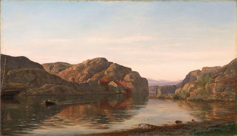 Morning in Ny-Hellesund, óleo sobre lienzo de Amaldus Nielsen, que muestra suaves olas y una costa rocosa.