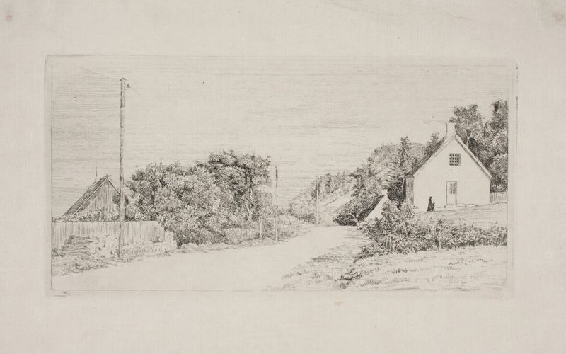 Landscape featuring a path between rustic houses by Carl Bloch