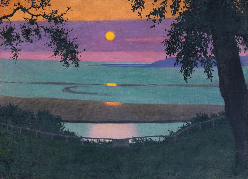 Sunset At Grace by Félix Vallotton, oil painting depicting a vibrant orange and violet sky with soft clouds.