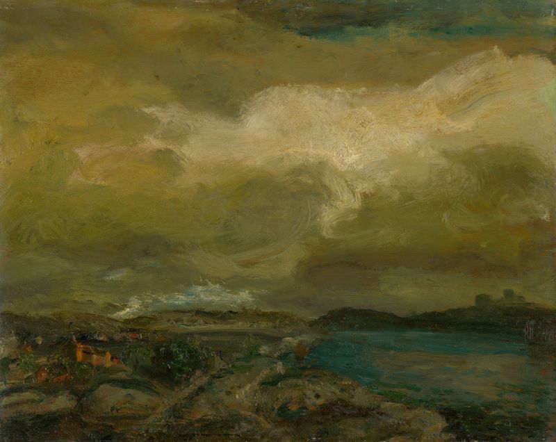 Landscape during Storm, oil on canvas by Gusztáv Magyar Mannheimer, showing a stormy sky over twisted trees.