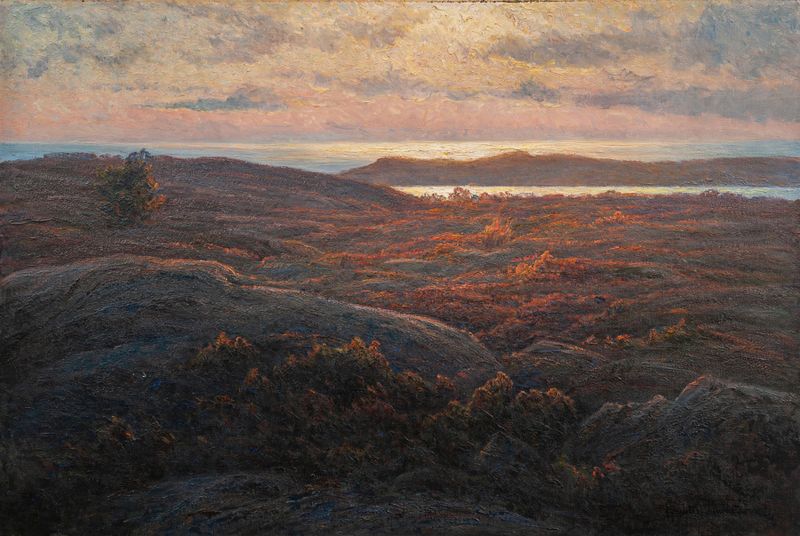 Landscape oil painting by Charlotte Wahlström featuring warm hues and light interplay.