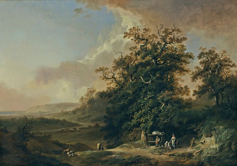 Landschaft Mit Reisenden An Einem Flussufer, oil painting by Johann Heinrich Wüest depicting a river and travelers.