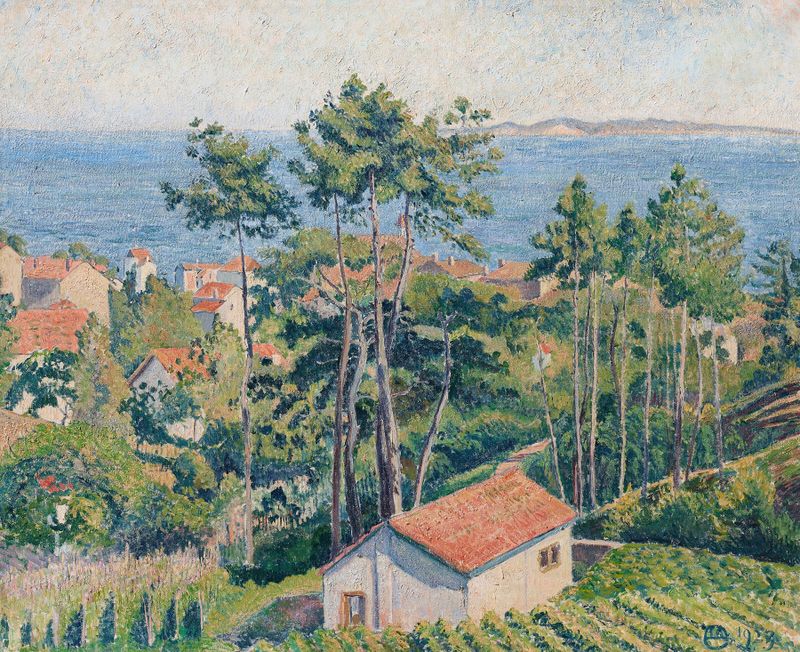 Pintura marinha de Lucien Pissarro retratando um mar tranquilo e o horizonte.