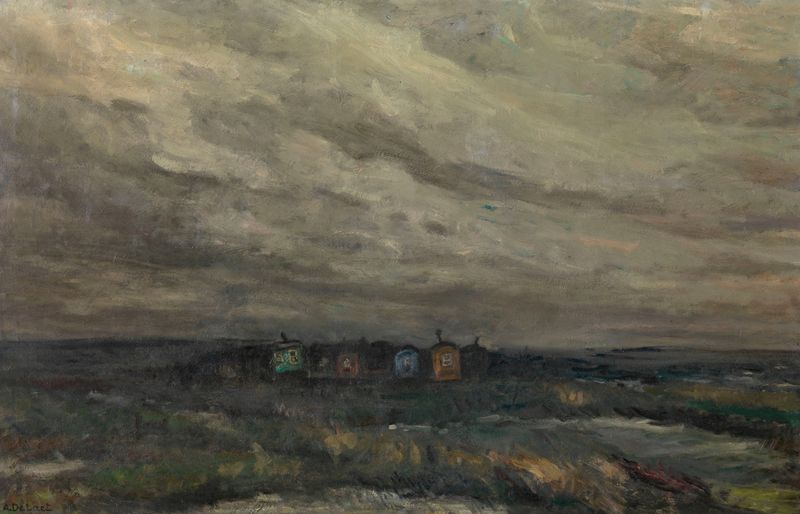 Caravans in the Rain, óleo sobre tela de Aloïs De Laet, retratando uma paisagem encharcada de chuva com caravana cansada.