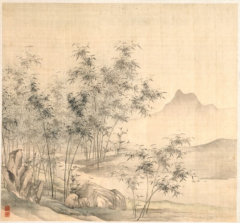 A solitary crane in a bamboo grove, ink on silk by Tao Hong