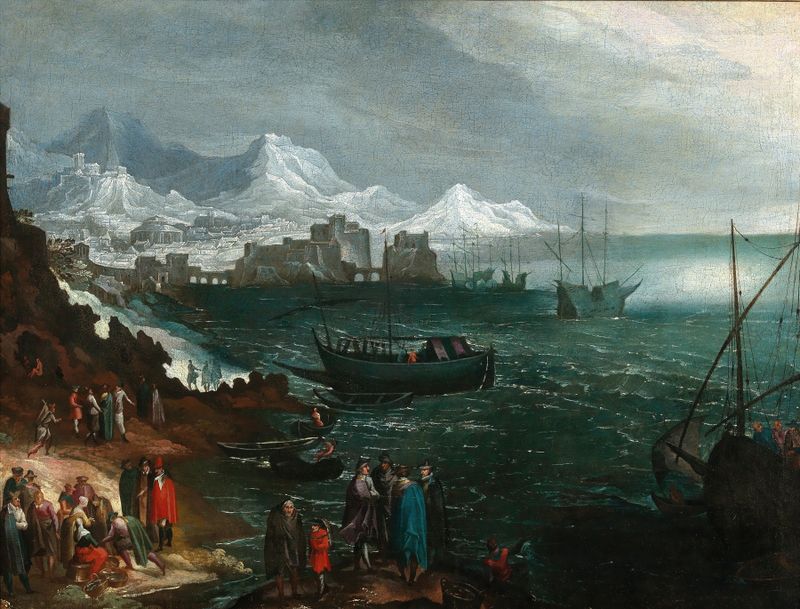 Una escena de puerto con numerosas figuras en invierno de Martin Hermann Faber, pintura al óleo