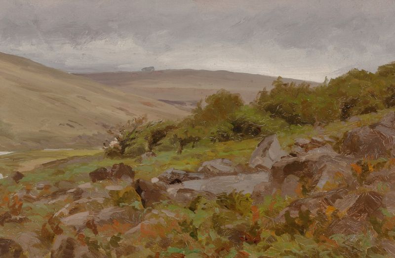 Landscape, possibly Wales by Thomas Allen, Jr., oil on canvas depicting a serene horizon with lavender and greenery.
