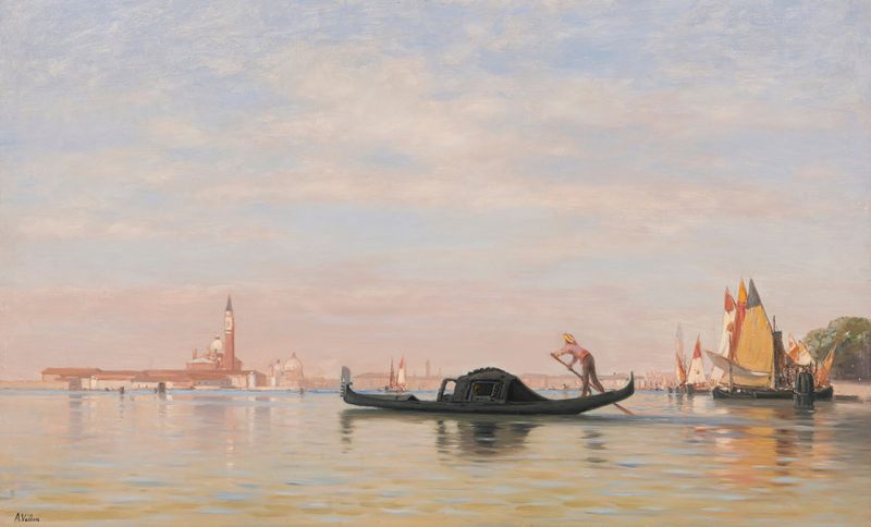 Vue Sur Venise by Auguste Veillon, impressionism, depicting the Grand Canal with vibrant sunset colors.