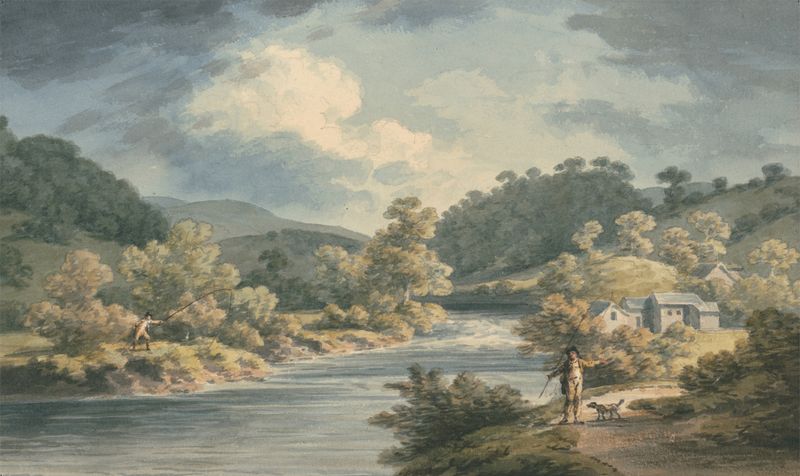 Watercolour by John Warwick Smith depicting a fisherman in a lush landscape.