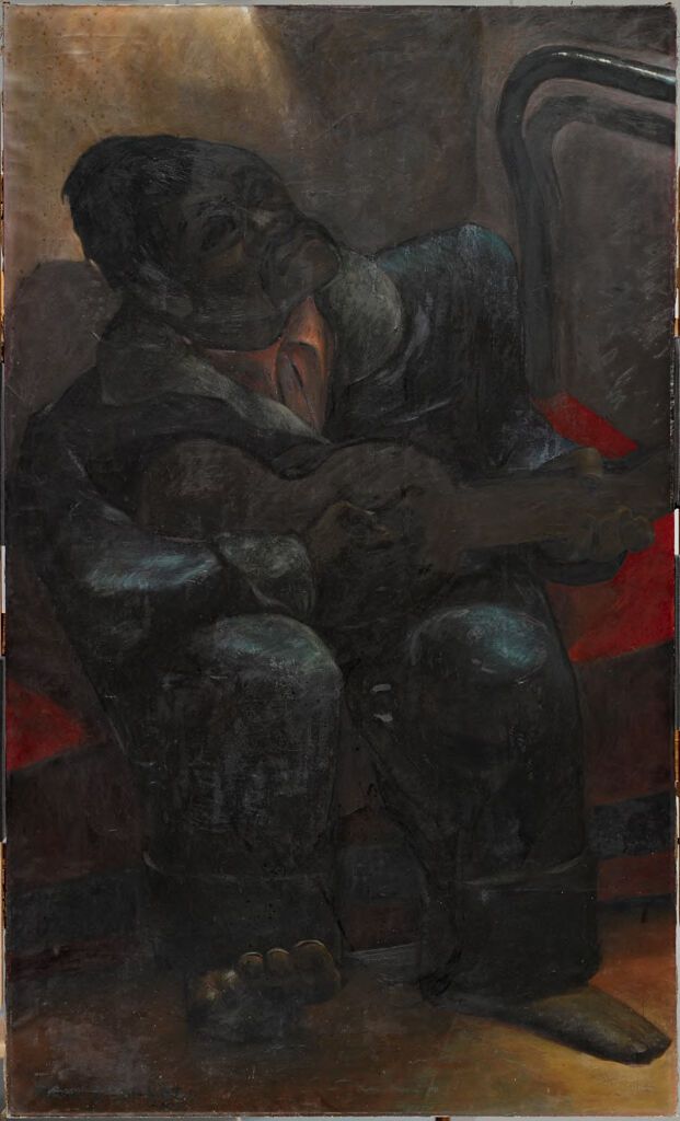 Large Guitar Player de Jean Charlot, óleo sobre tela que retrata um músico com uma guitarra.